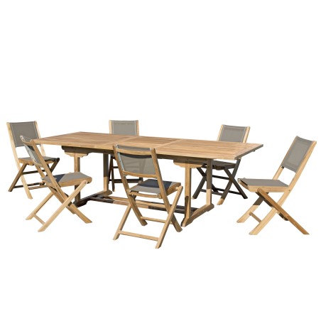 Salon de jardin en bois teck 8/10 pers - Table extensible et chaises taupe
