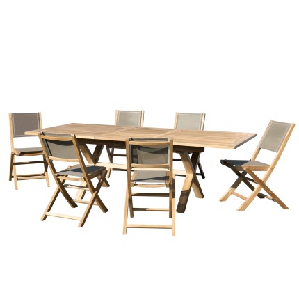 Salon de jardin bois teck 8/10 pers - Table rect. extensible 180*240 cm - 6 chaises taupe