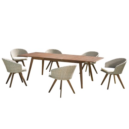 Salon de jardin VICK en bois 8/10 pers - Table extensible et fauteuils en rotin