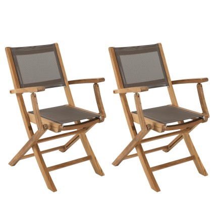FUN - Set of 2 Folding Garden Armchairs in Teak and Taupe-Coloured Textilene