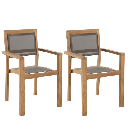 Set of 2 Stackable Teak Wood Garden Armchairs | Taupe Textilene | Fun