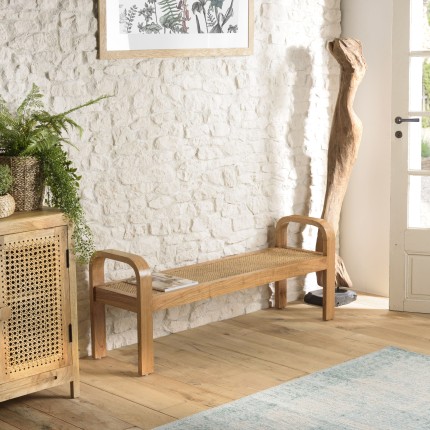 Banc 2 places LORINE en bois de Mindi et rotin naturel