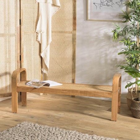 Banc 2 places LORINE en bois de Mindi et rotin naturel