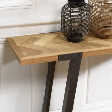CARLA - Wooden Chevron Console with Black Metal Legs