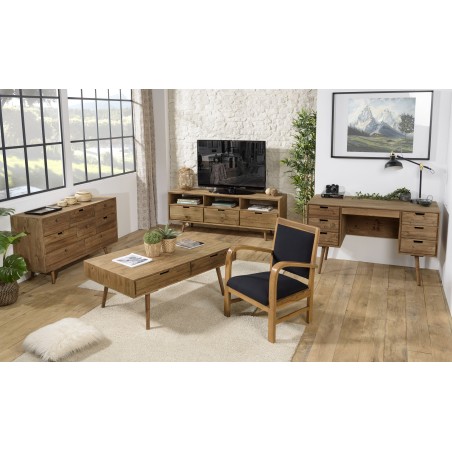 DAK Scandi Armchair in Teak and Black Fabric