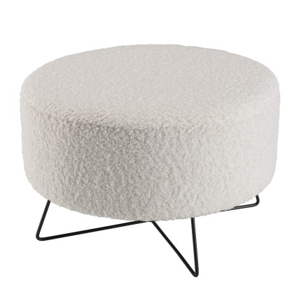 AGATHE Round Pouffe in White Bouclé Fabric with Black Metal Legs