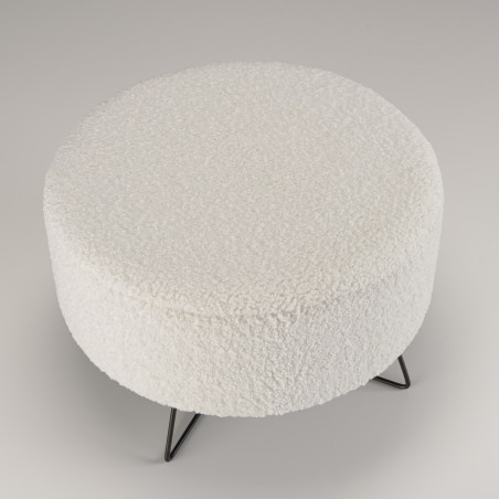 AGATHE Round Pouffe in White Bouclé Fabric with Black Metal Legs