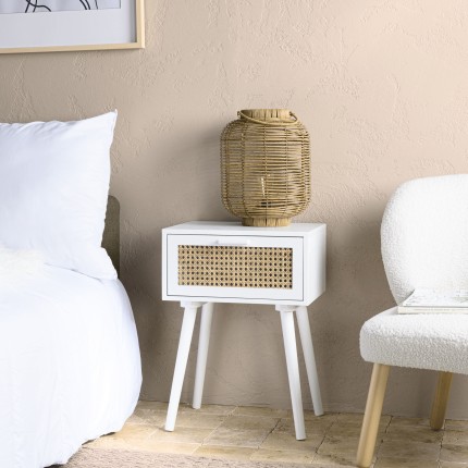 Chevet blanc SMANDY - 1 tiroir cannage naturel