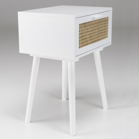 Chevet blanc SMANDY - 1 tiroir cannage naturel