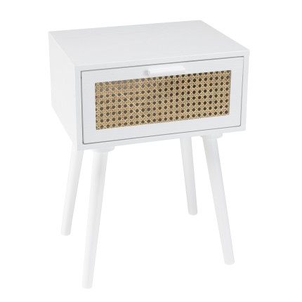 Chevet blanc SMANDY - 1 tiroir cannage naturel