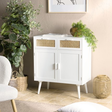 Buffet blanc SMANDY - 2 portes 2 tiroirs cannage naturel