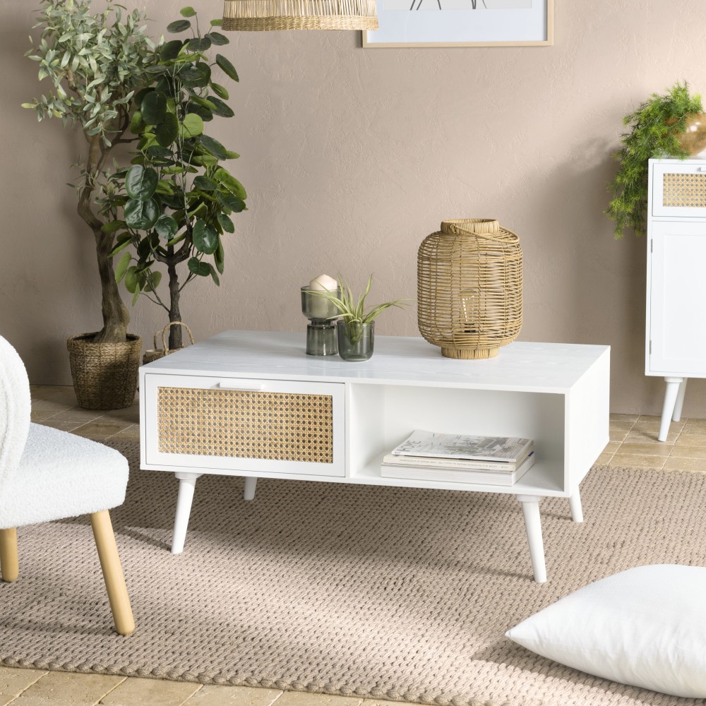 Table basse blanche SMANDY - 2 tiroirs 1 niche Table basse blanche SMANDY - 2 tiroirs 1 niche