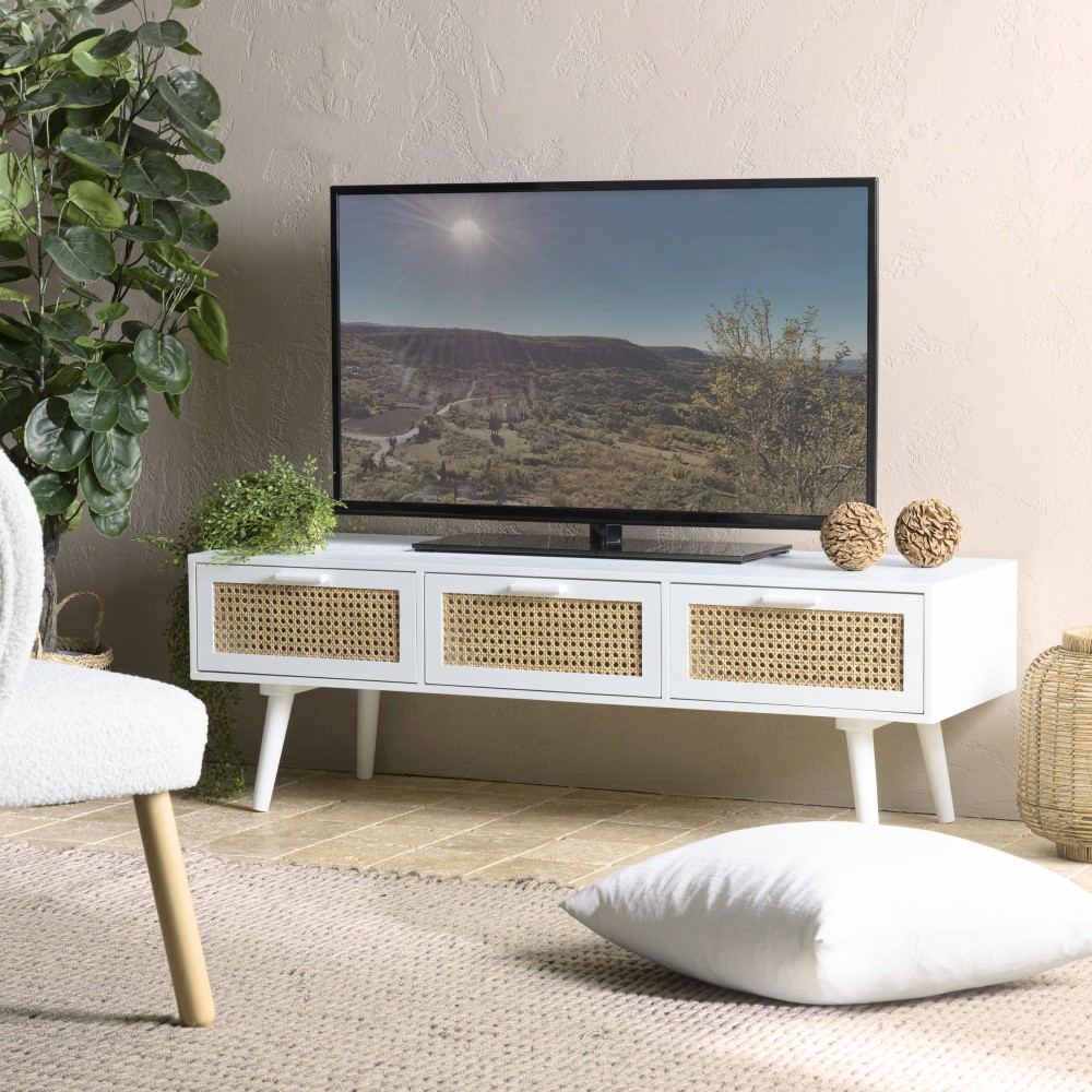 Meuble TV SMANDY blanc 3 tiroirs cannage naturel Meuble TV SMANDY blanc 3 tiroirs cannage naturel