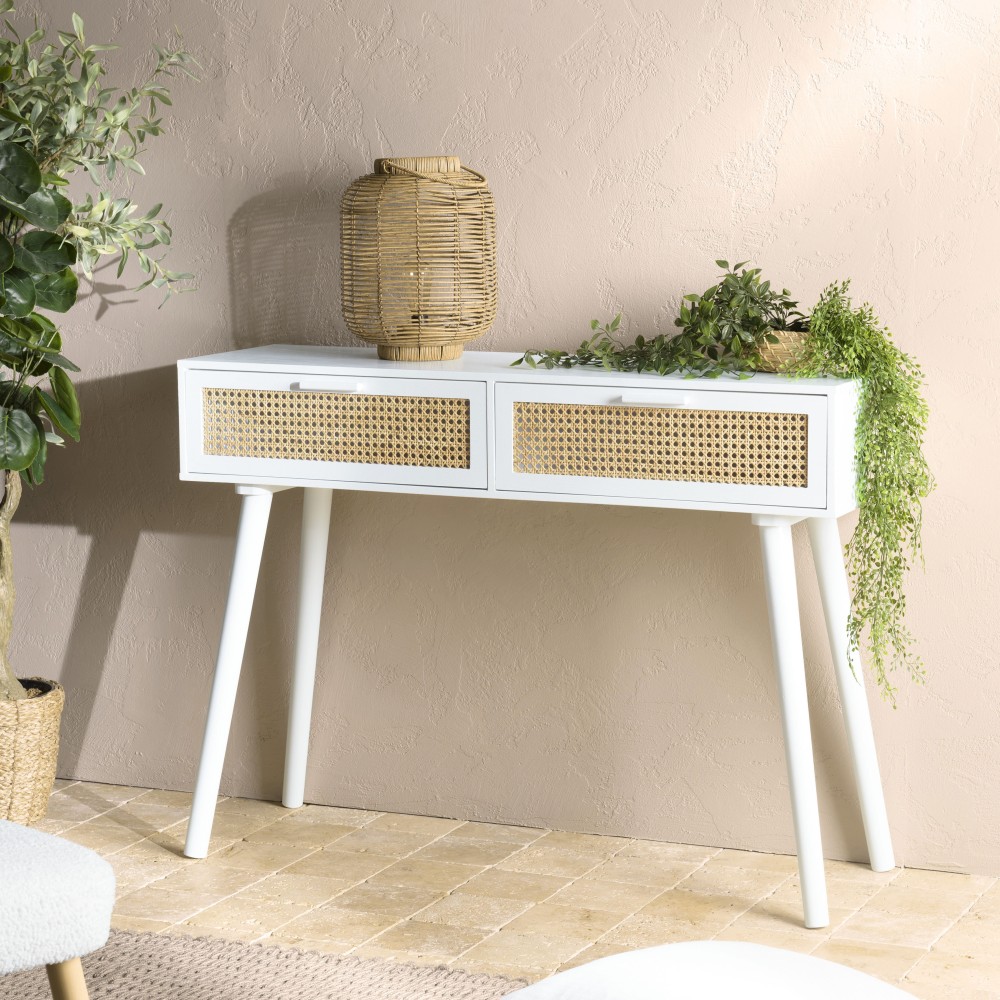 SMANDY - White Console Table with 2 Drawers and Natural Cane Detailing SMANDY - White Console Table with 2 Drawers and Natural Cane Detailing
