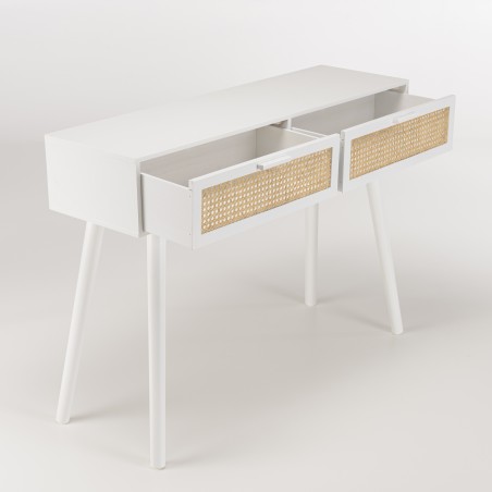 Console blanche 2 tiroirs cannage naturel - SMANDY
