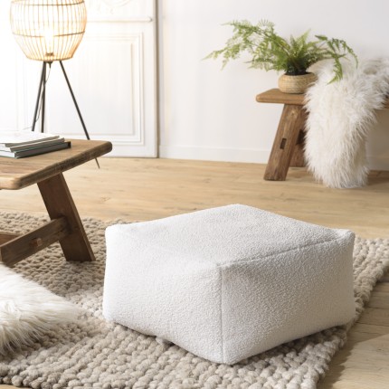 Pouf carré AGATHE en tissu bouclette blanc