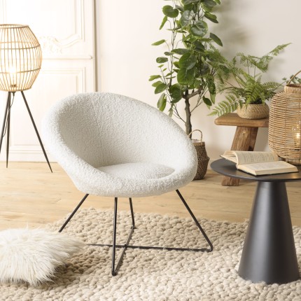 AGATHE Armchair - White Bouclé Fabric with Black Metal Cross Legs