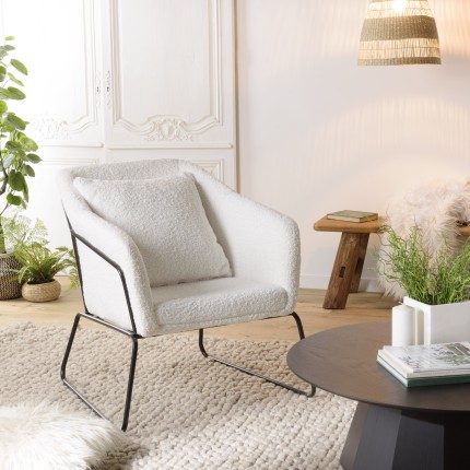 AGATHE Armchair - White Bouclé Fabric with Black Metal Legs