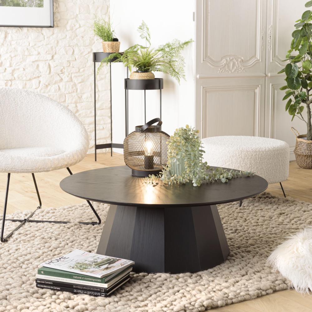 DALY Black Round Coffee Table 90x90cm - 100% Wood Functional Design DALY Black Round Coffee Table 90x90cm - 100% Wood Functional Design