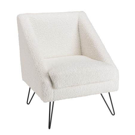 Fauteuil AGATHE - Tissu bouclette blanc et pieds épingles métal noir