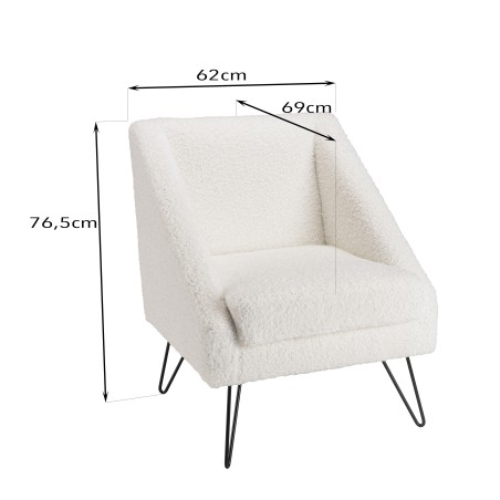 Fauteuil AGATHE - Tissu bouclette blanc et pieds épingles métal noir