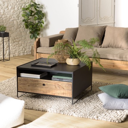 Table basse DANDY - Bois pin recyclé et métal 80x80cm