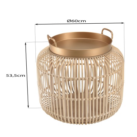 Table d'appoint VICTOIRE - 60x60cm - Métal doré et rotin blanchi