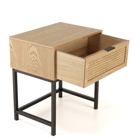 MARCEAU Bedside Table with 1 Drawer - Natural Cane and Black Metal Legs