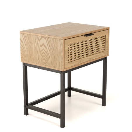 MARCEAU Bedside Table with 1 Drawer - Natural Cane and Black Metal Legs