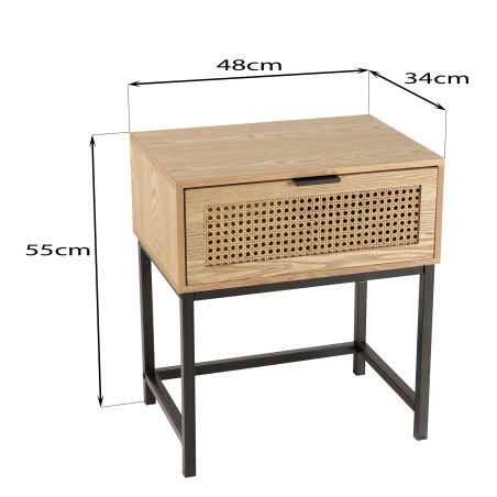 MARCEAU Bedside Table with 1 Drawer - Natural Cane and Black Metal Legs