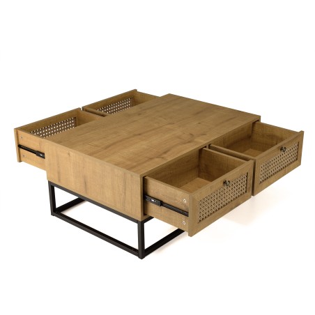Table basse CHARLIE marron 4 tiroirs effet cannage