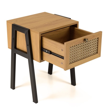 CHARLIE Brown Bedside Table with 1 Drawer - Cane Effect & Metal Legs