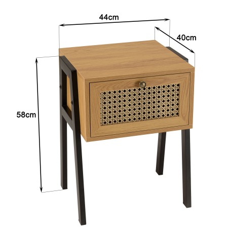 CHARLIE Brown Bedside Table with 1 Drawer - Cane Effect & Metal Legs