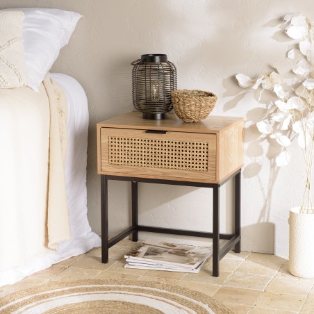 MARCEAU Bedside Table with 1 Drawer - Natural Cane and Black Metal Legs
