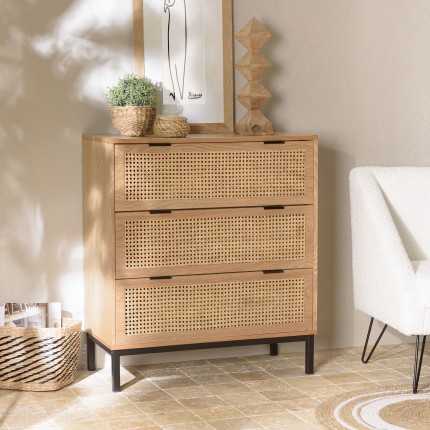 MARCEAU - Natural Cane Chest of Drawers with 3 Drawers