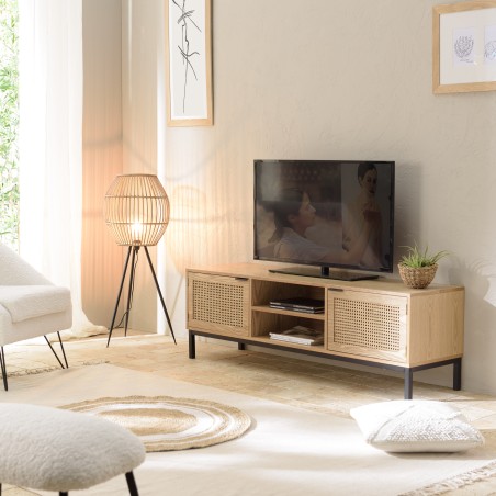 MARCEAU TV Stand with 2 Doors - Natural Cane and Black Metal Legs