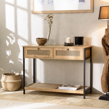 Console CHARLIE marron 2 tiroirs effet cannage