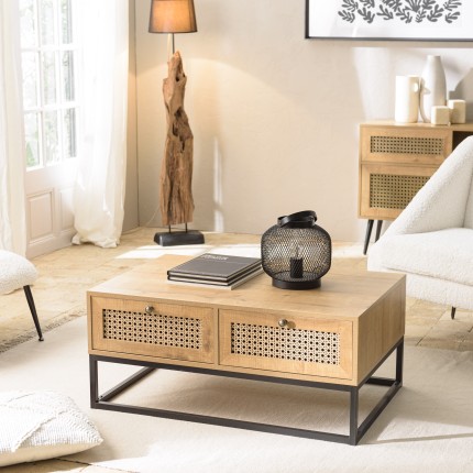 Table basse CHARLIE marron 4 tiroirs effet cannage