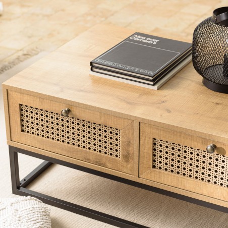CHARLIE Brown Coffee Table with 4 Drawers - Cane Effect & Black Metal Legs