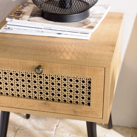 CHARLIE Brown Bedside Table with Cane Effect Drawer