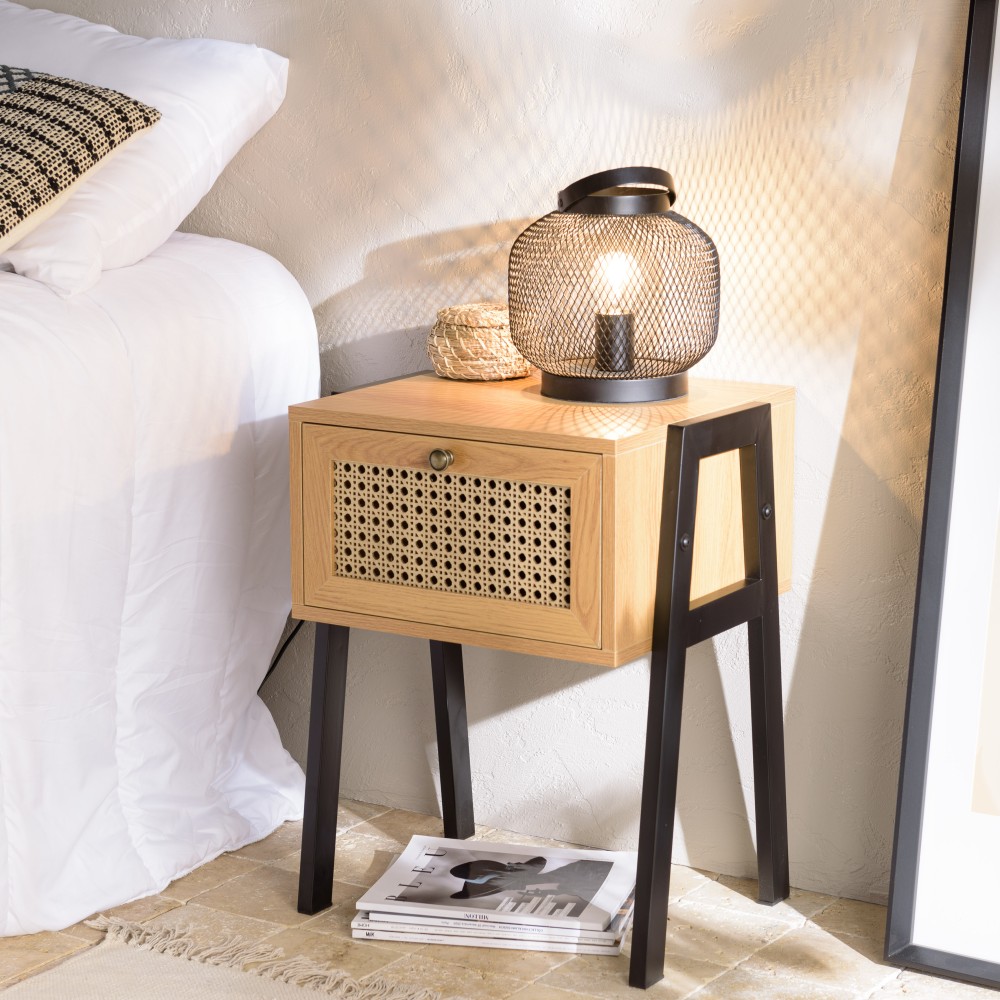 CHARLIE Brown Bedside Table with 1 Drawer - Cane Effect & Metal Legs CHARLIE Brown Bedside Table with 1 Drawer - Cane Effect & Metal Legs
