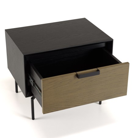 ALMA Black Bedside Table 1 Drawer Dark Brown Metal Legs
