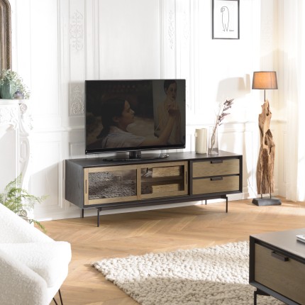 ALMA Brown/Black TV Stand with Sliding Glass Doors - Trendy and Functional