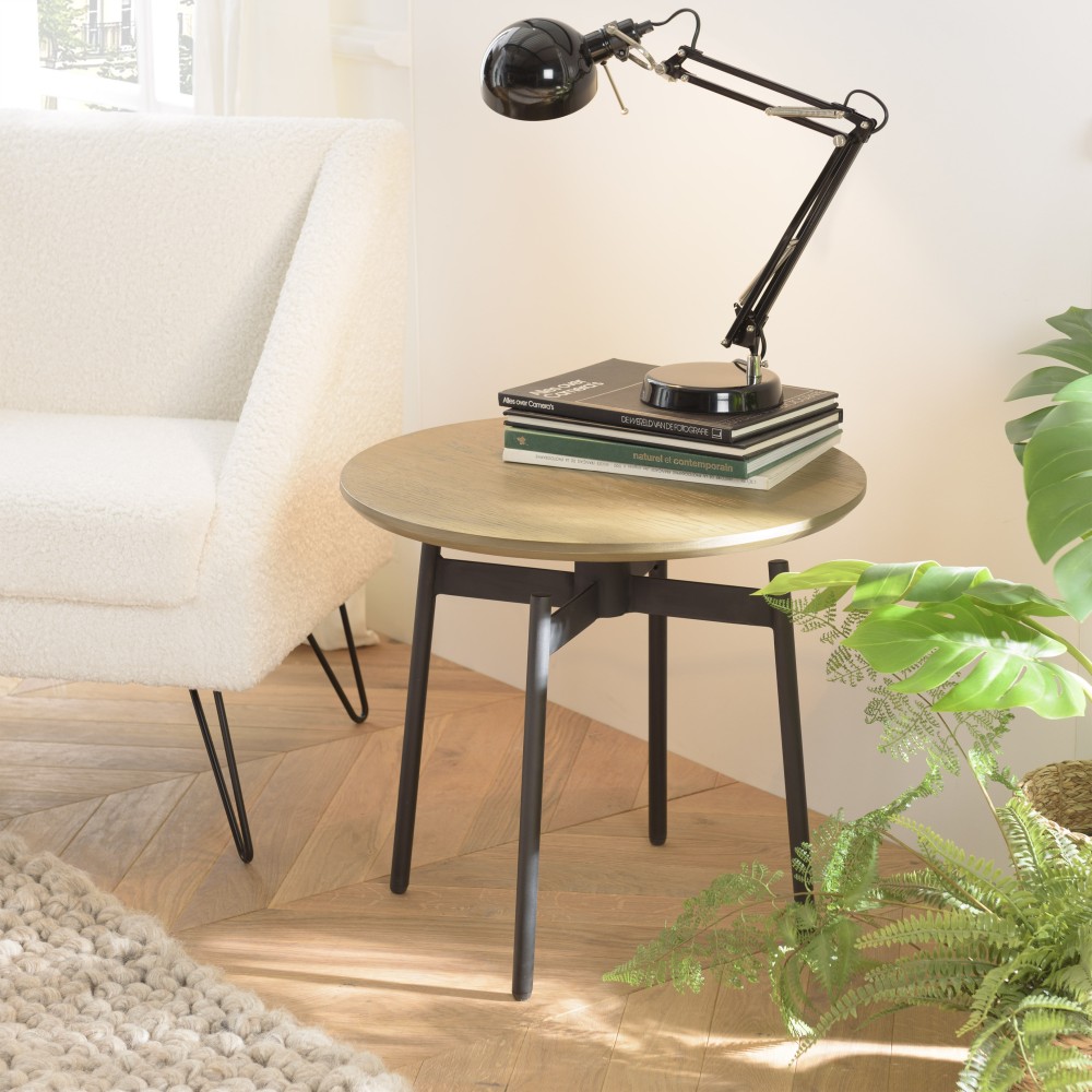 ALMA - Dark Brown Round Side Table 55x55cm with Black Metal Legs