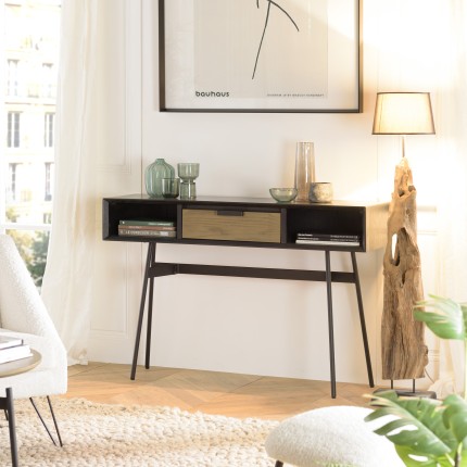 Console ALMA noire 130x35cm 2 niches 1 tiroir
