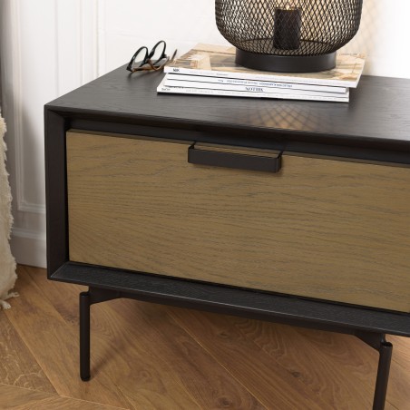 ALMA Black Bedside Table 1 Drawer Dark Brown Metal Legs