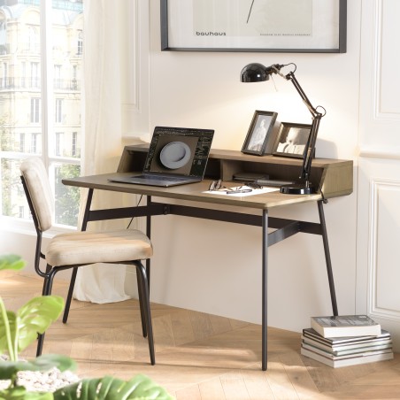 ALMA Dark Brown Desk with 2 Niches Black Metal Legs
