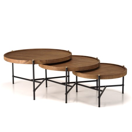 SIXTINE Set of 3 Round Tripod Coffee Tables - Recycled Teak & Steel