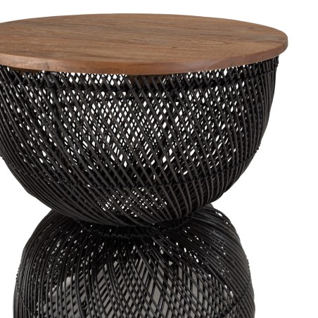 SIXTINE Black Rattan Side Table Recycled Teak Wood Top