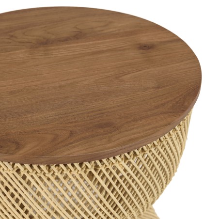 SIXTINE Beige Rattan Side Table - Recycled Teak Wood Top